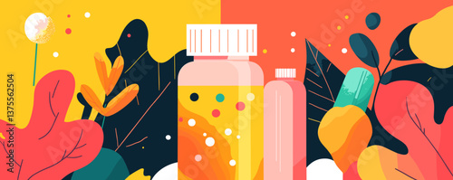 Colorful abstract nature and supplements background with bottles and leaves vector.