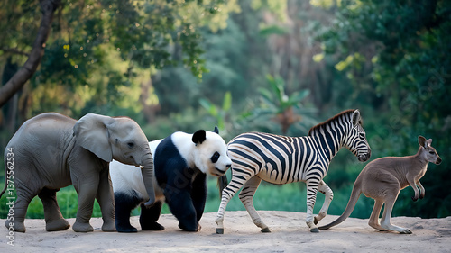 Diverse zoo animals elephant panda zebra kangaroo Wildlife park scene
