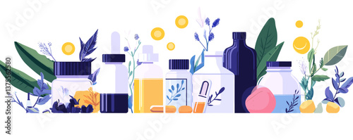 Assorted herbal medicine bottles and capsules with leaves and flowers vector.