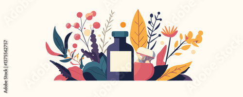 Herbal medicine bottle with colorful leaves and flowers in botanical arrangement - vector.