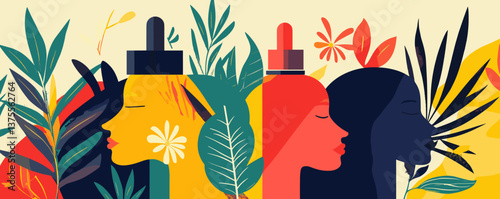 Stylized portraits and leaves with dropper bottles in bold colors - vector.