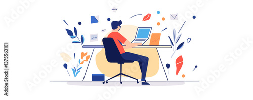 Person working at laptop in modern home office with plants and stationery – vector.