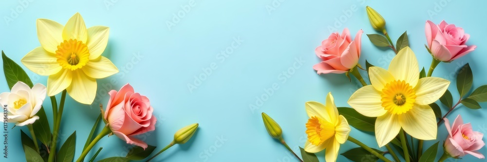 Naklejka premium Beautiful spring bouquet with roses, daffodils, and lilies on a pastel blue backdrop, background, pastel_blue, bouquet