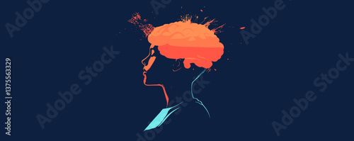 Surreal profile silhouette with exploding brain on dark background, conceptual art vector.
