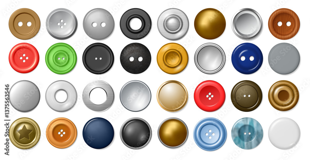 Metal and plastic buttons and smooth cylindrical shaft rivets for clothes. Vector realistic mechanical fasteners, denim accessory clasps collection. Copper and steel round clinch elements