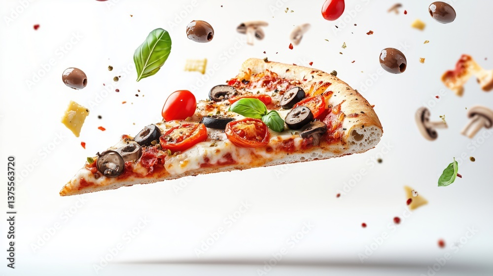 A realistic advertising shot of a slice of pizza with olives, mushrooms