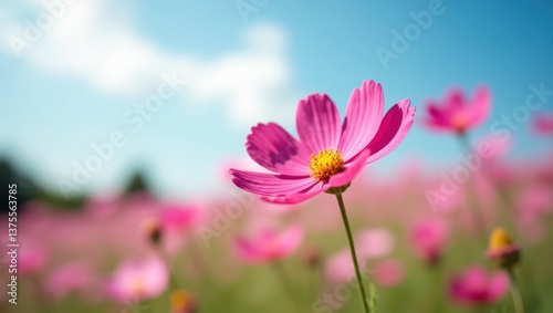Vibrant Pink Cosmos Flower in Focus Against a Blue Sky, pink cosmos flower, spring landscape photography, vibrant nature blooms, depth-of-field floral effect
