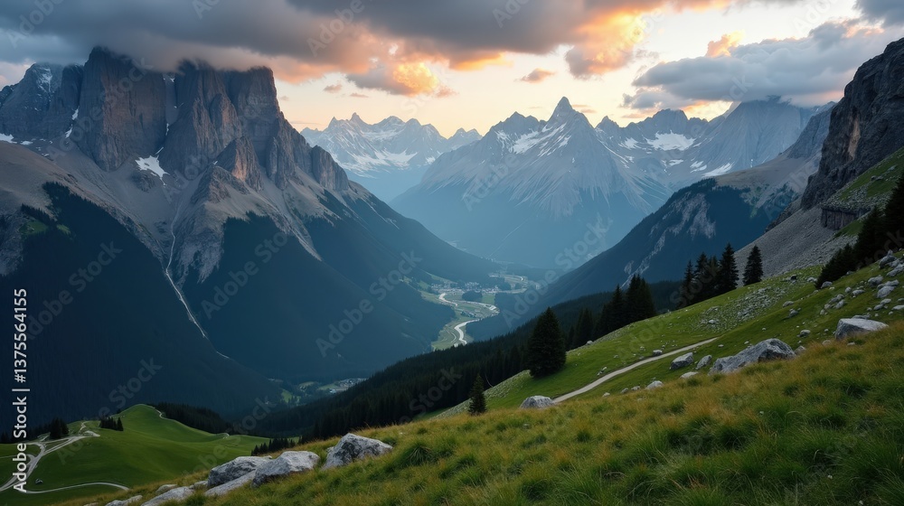 Obraz premium A detailed, high-quality photo of Susten Pass in Switzerland during dusk with cloudy weather, captured from an ordinary perspective, showing the mountains fading into the evening light.