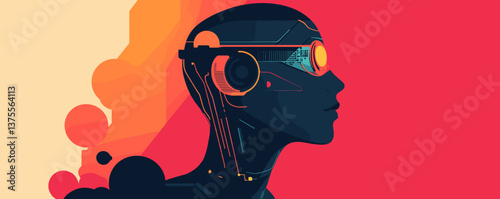 Futuristic cyborg silhouette with geometric patterns and vibrant colors - vector.