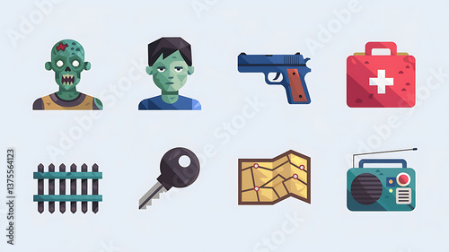 Zombie apocalypse survival kit icons
