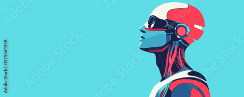 Futuristic robot looking up with headset and helmet on blue background - vector.