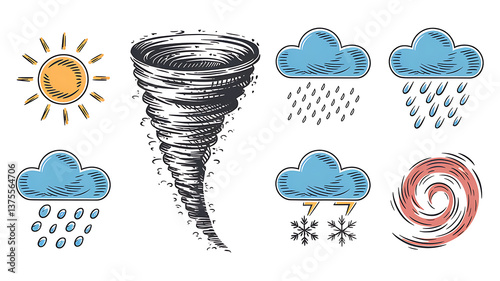 Whirlwind weather icons vintage style hand-drawn