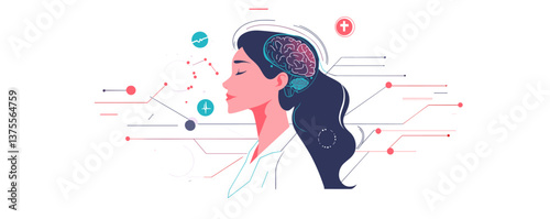 Abstract female profile with brain activity and neural connections, vector.