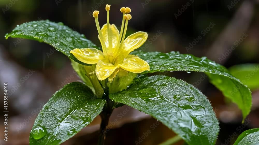 Beautiful yellow flower covered in raindrops growing amidst lush green leaves in a vibrant natural setting Beautiful yellow flower covered in raindrops growing amidst lush green leaves in a vibrant natural setting