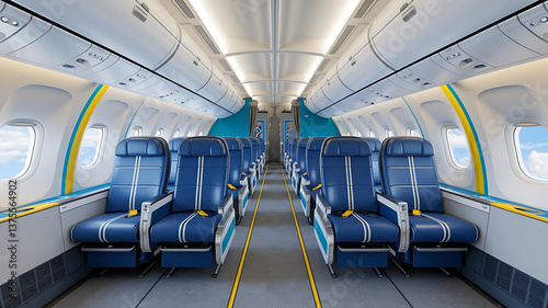 Modern airplane cabin interior blue seats yellow accents