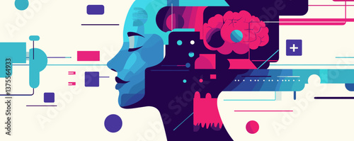 Abstract futuristic human head with circuit elements and brain in profile – vector.