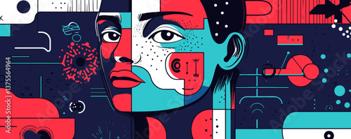 Abstract geometric portrait with bold colors and patterns - vector.