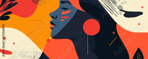Abstract portrait of woman in profile with bold shapes and colors, modern art style - vector.