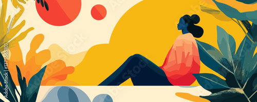 Colorful abstract landscape featuring a meditative woman, nature, and geometric forms - vector.