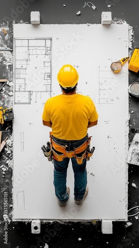 Construction worker in hard hat, tool belt, standing in renovated kitchen, left side architectural drawing, right side completed space, clean area for commercial text