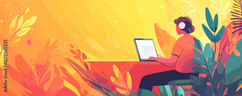 Person with headphones working on laptop in a vibrant tropical setting, colorful foliage background, vector.