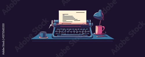 Vintage typewriter with paper, lamp, and coffee mug on desk - vector.