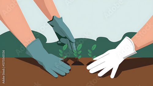 Planting seedlings teamwork gardening nature growth care