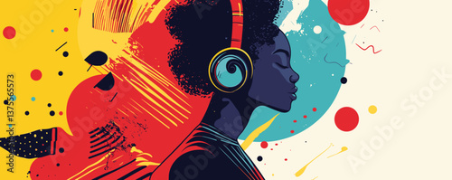Colorful abstract portrait of woman with headphones, afro hairstyle, and vibrant background – vector.