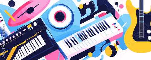 Colorful musical instruments composition featuring guitars and keyboards - vector.
