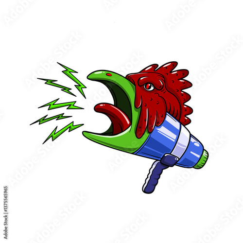 A unique and humorous cartoon illustration of a megaphone designed with a chicken's head. The striking and imaginative design makes it stand out with vivid colors and creative details.