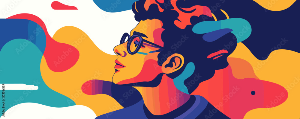 Fototapeta premium Colorful abstract portrait of a young man with glasses in modern art style - vector.