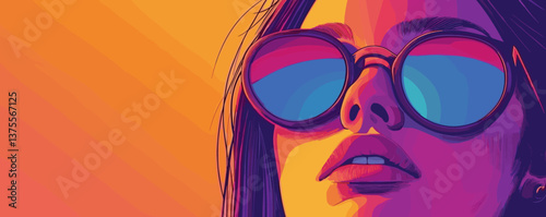Colorful portrait of a woman in sunglasses with reflective lenses — vector.
