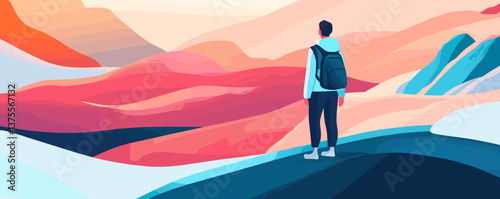 Adventurous explorer with backpack overlooks colorful mountain landscape - vector.