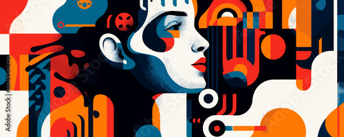 Abstract geometric portrait of a woman with vibrant colors and shapes - vector.
