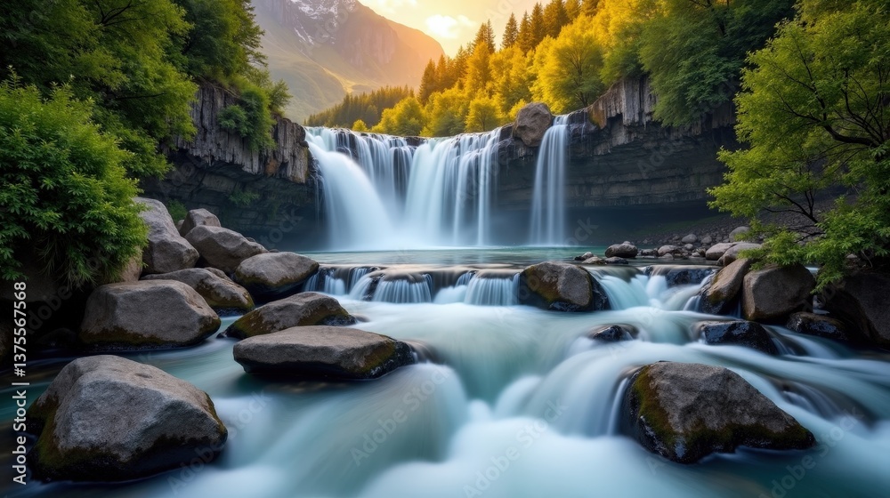 Fototapeta premium A detailed dawn photo of Trummelbach Falls in Switzerland, Europe, with sunny conditions, taken from a normal perspective, highlighting the waterfall in bright sunlight.
