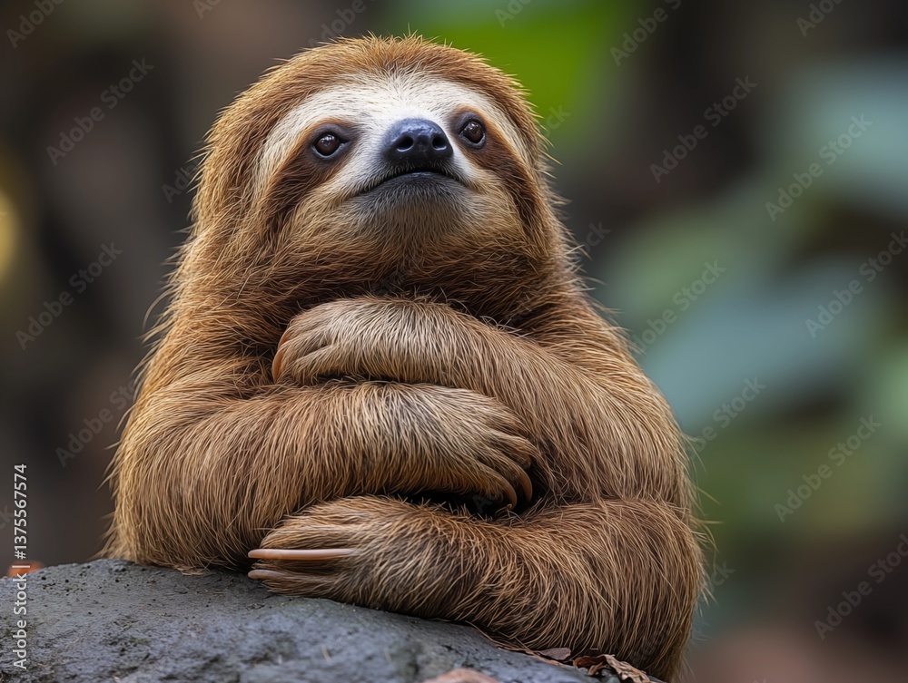 Fototapeta premium A charming sloth relaxing on a tree, captured in a stunning close-up. This adorable creature embodies tranquility and the slow pace of the rainforest.