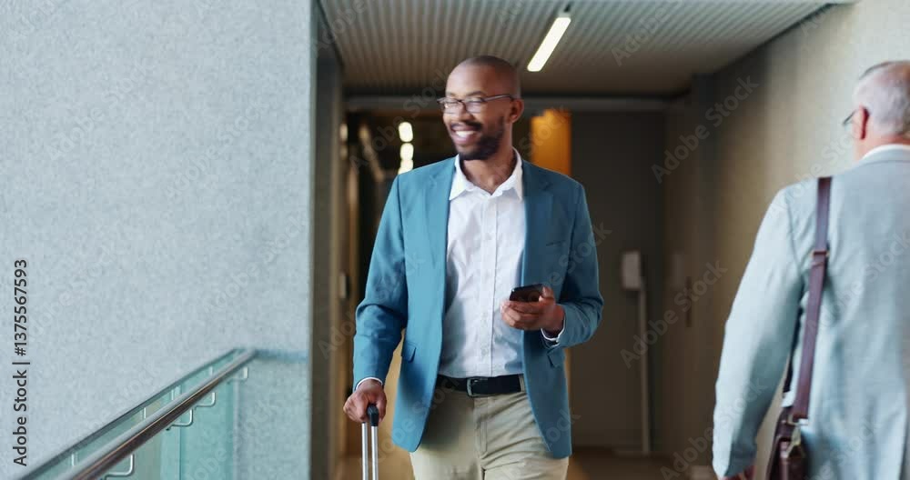 Suitcase, walking and man travel for business, conference and workshop schedule on phone. Convention center, journey and entrepreneur person in hotel lobby for seminar, corporate pride and trip Suitcase, walking and man travel for business, conference and workshop schedule on phone. Convention center, journey and entrepreneur person in hotel lobby for seminar, corporate pride and trip