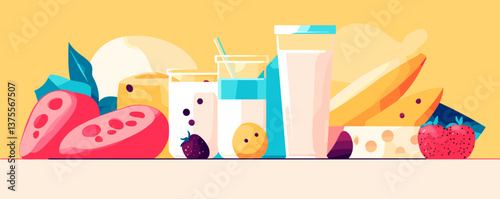 Refreshing tropical smoothie ingredients with juices and fruits on yellow background - vector.
