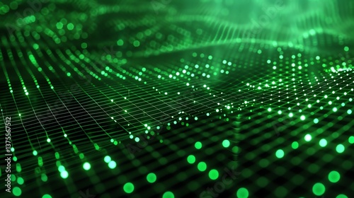 Abstract glowing green wave of particles. Futuristic technology or science fiction background.