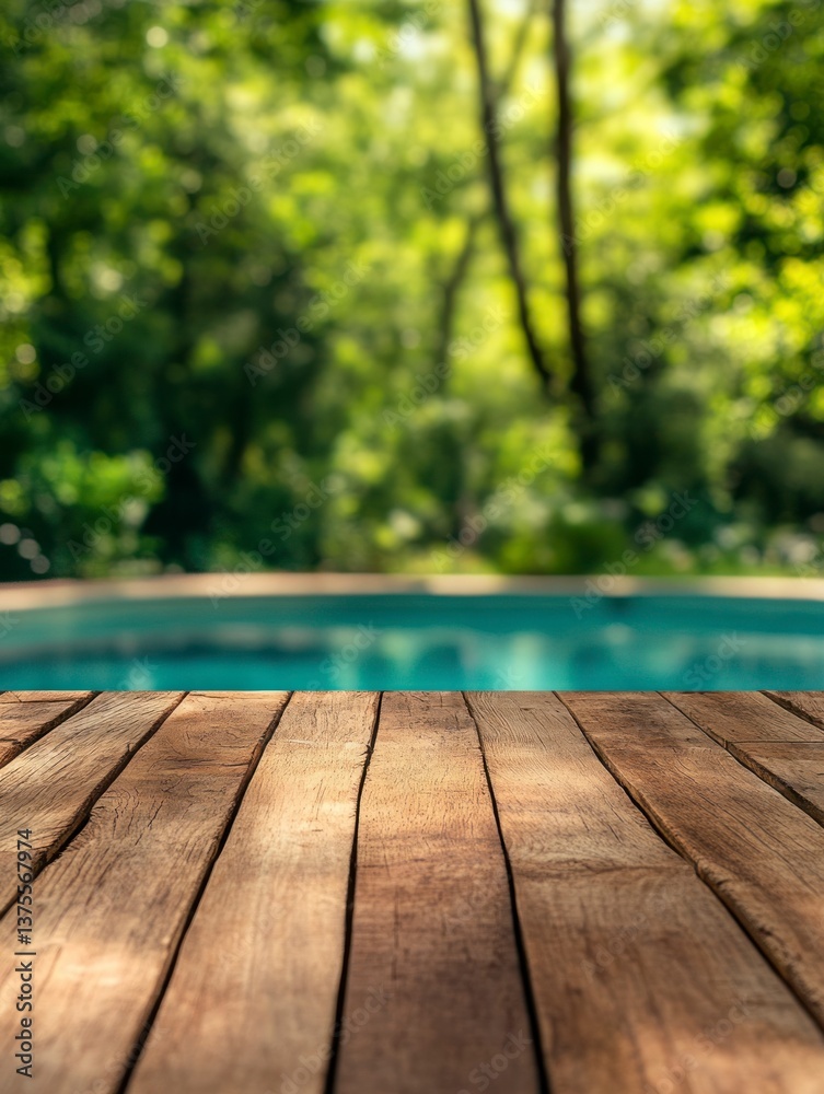 Fototapeta premium Relaxing Poolside Deck View with Lush Green Forest Backdrop in Summer