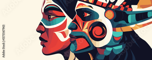 Colorful abstract side profiles in traditional tribal art style - vector.