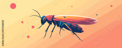 Colorful stylized cockroach with gradient background and floating orbs, vector.