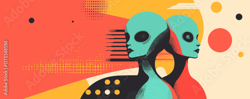 Colorful futuristic abstract art with geometric alien figures and vibrant patterns - vector.