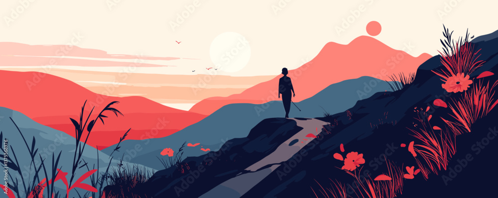 Fototapeta premium Silhouetted figure on mountain path amidst sunset landscape with rolling hills and flowers, vector.