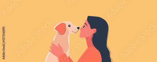 Woman cuddling dog with affectionate gaze on yellow background, happy bonding moment, vector.