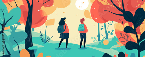 Autumn adventure: couple exploring vibrant forest landscape at sunset – vector.