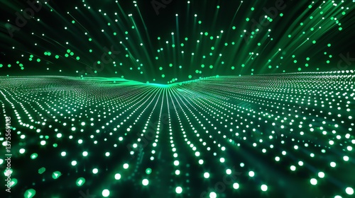 This is an abstract image of a green glowing landscape. The surface is made up of many small dots of light, which are arranged in a wave-like pattern.