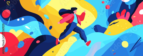 Dynamic person running through colorful abstract waves and shapes vector.