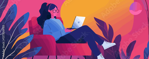 Woman relaxing on armchair with laptop amidst plants in cozy room vector.