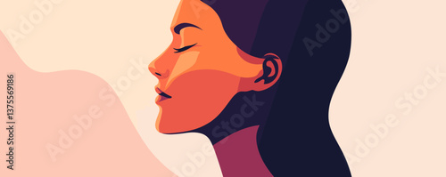 Profile of a calm woman with long hair in colorful minimalist style, peaceful expression vector.